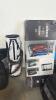 Luggage, box of Beatrice ball bowls, gladiator gear rack golf, hot wheels track, Zumiez skateboard, pool stick, golf bag, Johnson guitar, guitar case - 5