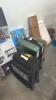Luggage, box of Beatrice ball bowls, gladiator gear rack golf, hot wheels track, Zumiez skateboard, pool stick, golf bag, Johnson guitar, guitar case - 6