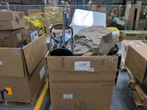 Faux rock, stool, umbrellas, cards, turtles, and more