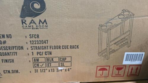 Ram game room Q rack, bags, table piece, miscellaneous furniture, a series Dan rack, plastic box, & More