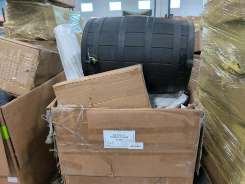 Rain barrel, sleeping pad, rug, curtain rods, bamboo sticks, & More