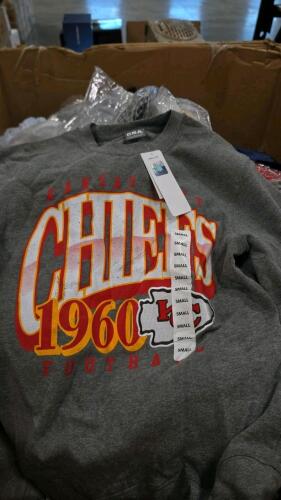 clothing, NFL license Kansas City Chiefs sweatshirts, Members Mark swim trucks, softball pants, American flag hats, sweatshirts, some hollister, mother, tactical pants, and much more