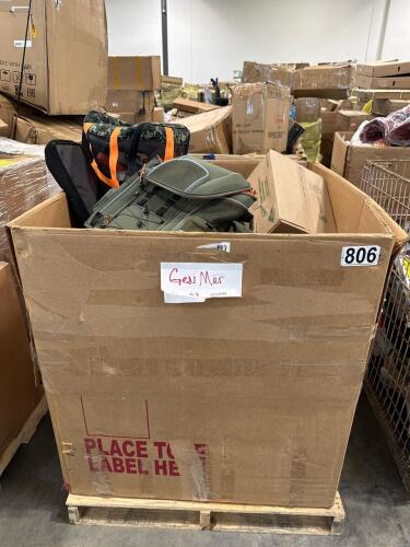Camouflage bags, yellow jacket trap, food trays, camo jeans, pet bag, faucet, art,