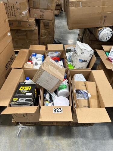Six boxes of miscellaneous goods including cold therapy, replaceable filter dryer core, OSI, Tide, Lakeshore dough, ceiling, Yankee candle, wipes, & More