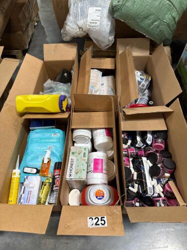 Six boxes of miscellaneous goods including Tide, toilet cleaner, PREEN, disinfecting wipes, tattoo pink, conditioner, shout, kitty litter, & More