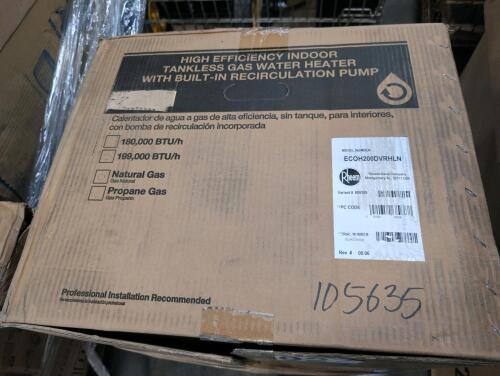 RHEEM high-efficiency indoor tankless gas water heater, ECOH200DVRHLN