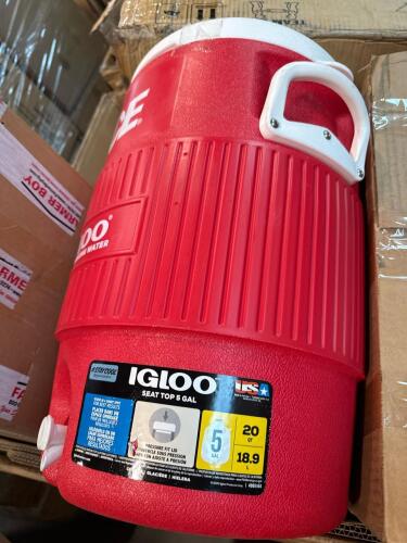 Igloo cooler, books, BATTING, Furniture pieces, standing desk piece, toilet paper, and
