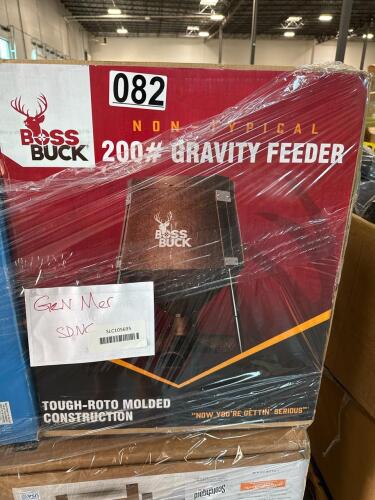 Boss buck 200# gravity feeder, Better Homes & Gardens club chair, green Works lawnmower, echo blower,