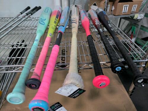 baseball bats: Rawlings, Easton, (used), Louisville marucci, uprising, demarini (7 total, 2 used and 5 total);