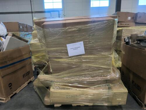 sofa bed, deck boxes, and mismatching korser chairs