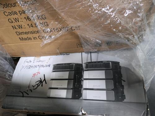 ECOFLOW whole home power backup states faulty inverter, dining chair, table, box of Toshiba toner bag for plain paper copier