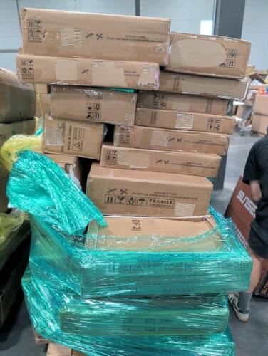 deck boxes, coaster furniture, shower door, wooden massage table. upholstered platform, bed, and more