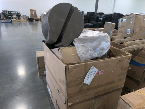 Rain barrel, masters of the universe sword, rolled material, bubble mailers, pillows, fan, crutches, & More