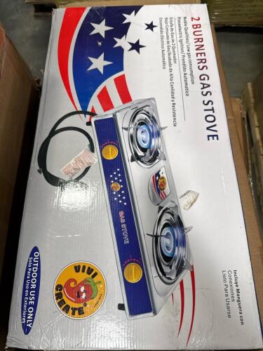 Two burner gas stove, deck boxes, miscellaneous furniture