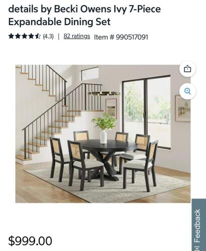 ivy dining set seven-piece set with extending table and six chairs