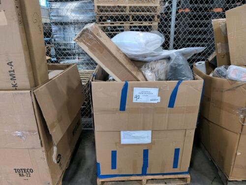 Bath rug, pillows, towels, yarn, sheets, jars, folding chairs and more