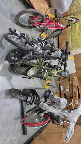 Exercise bike, scooter, HOV ER HEARTS minibike appears used, electric bike, rock rider, wipe out kids bike condition unknown not test
