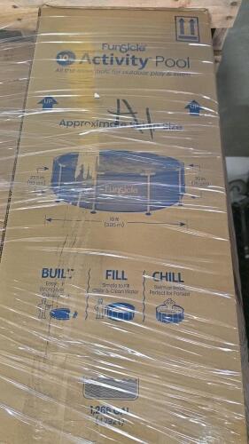 funsicle 10' pool, household refrigerator, 2-in cordless faux wood blinds, plastic cups, and more