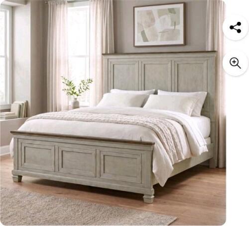 nine drawer dresser and medium, King panel headboard and medium brown and wash tone, mirror and washed Stone, King panel footboard and medium and brown washed Stone (stock image may not match the color)