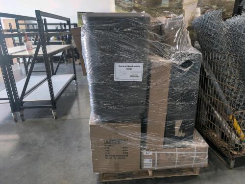 Dyson ball vac, 5-In-1 dumbbell set, gorilla dump cart, Box of trailer tires, plastic bin,
