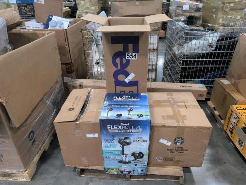 shark flex breeze Pro mist, 72-in multifunctional cat tower, used/ returned electric scooter, 10-ft market umbrella and cast silver, 12 person instant cabin tent with LED lighting, plastic organizer