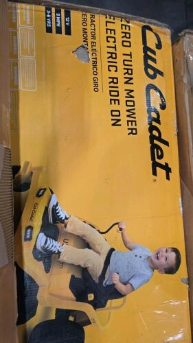 Cub cadet zero turn mower electric ride on, 12-person instant cabin 10 with LED lighting, little tike super chef kitchen, and area rugs