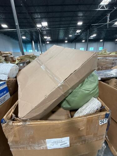 Green chair, notebooks, umbrella base, cushion, rolled area rug and more