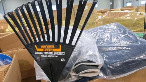 true temper 24-in leaf rate, post hole digger, broom, shovels, fishing pole bucket of softballs, and more