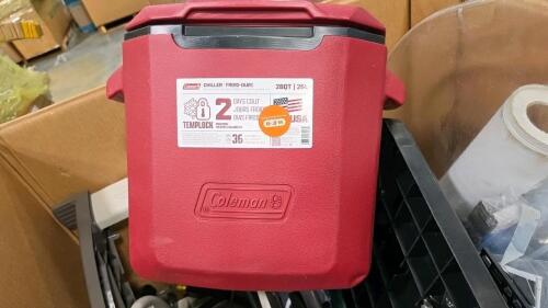 Coleman cooler, hose rail, gloves, bedding, telescoping Paul, cabinet pieces, towels, & More
