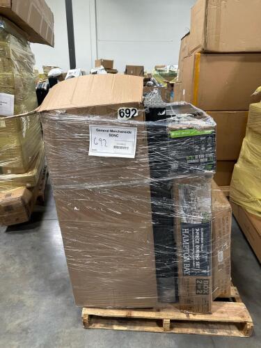 eGo hedge trimmer, Sun Joe electric dethatcher, Hampton Bay seven-piece dining set box two of two only, tough built stacktech two-drawer locking box