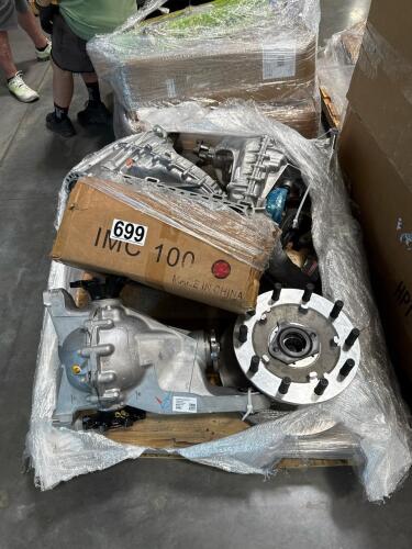 aluminum differential carrier assembly, heavy-duty Bendix ADB22X Air Disc Brake Caliper, transfer case assembly, Ford 5.0L/5.2L Coyote V8 engine block?, and another transfer case