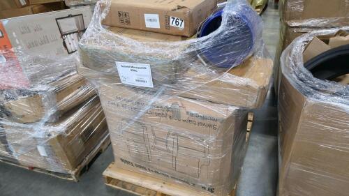Lowe's buckets, tvs, swivel chair and side table, swimming pool
