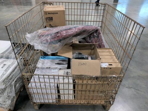 electronics: wet and dry spot carpet washing machine, HP printer, vevor item, single Bass 12-in vented, 3D printer filament, Westinghouse pressure washer, toner, nord bag, and more toner