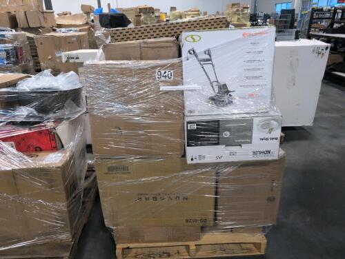 Box of NUVBAR resistant bands, Taylor/cultivator, refrigerator, Ashley design chair, storage cart, mattress, & More
