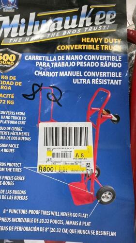 Wagon wheel, dolly, chain-link fence pieces, shovels, sofa, folding table, mattress, & More