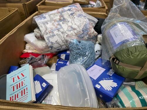 Miscellaneous pallet, gloves, sleeping bag, rug, towels, bedsheets, Tumblr, food containers, & More