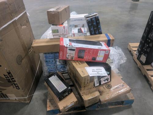 electronics lot keyboards, ceramic heater, cyber power, speakers, toner and more