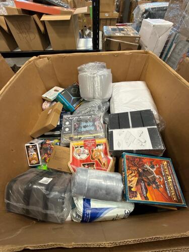 Miscellaneous pallet, games, deck tiles, messageboard, power supply, books, bedding, & More