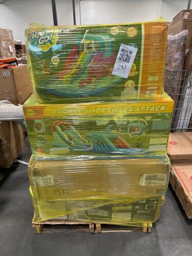 double slide shark attack, triple splash Mega water park, Rover KCK UTV 12 volt, and furniture stand