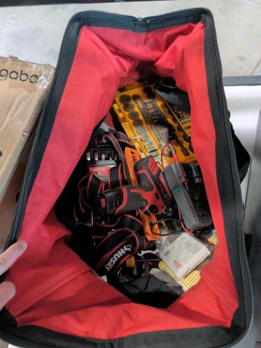 tooling lot: Milwaukee tooling, DeWalt accessories, Craftsman 7-piece, work gloves, straps and more