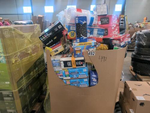 Big box store in a box: cereal, Campbell Soup, Oreos, top Ramen, cherries, granola, famous Amos cookies, peanuts, pop tarts, chips, pop chips, Enfamil, baby snacks, ENFAMIL, Similac, media, chicken breast, granola bars, iced tea, juice, vinegar, Creatine,
