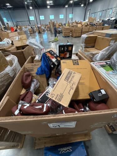 Multiple footballs, charcuterie board, GT player chair, rug pad, pens, glassware, tape, & More