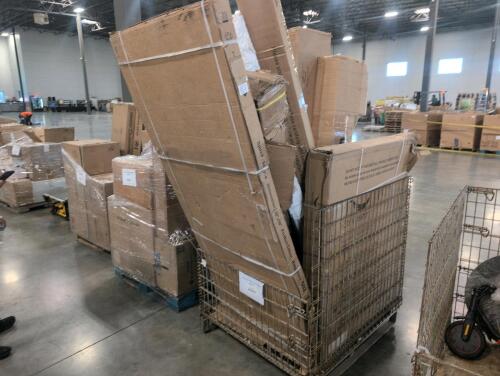 rolled mattress, rubber cord hiders, board royals home gym system unsure if all boxes are present, stationary panel shower door, streamline shower base, rolled fencing