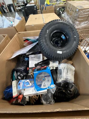 industrial and automotive items, Tire, work gloves, door hinge, kohler, channel lock adjustable wrench, Norton cut off wheel, caster kit, struts, and much more.