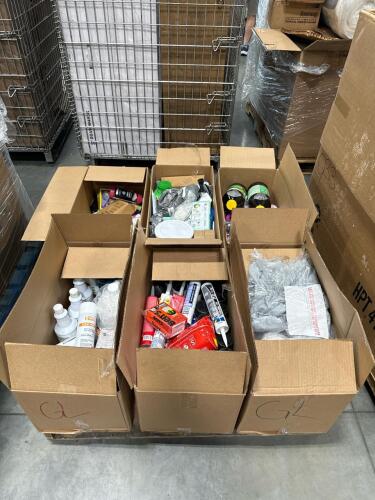 Six boxes of miscellaneous skids including spray paint, insulation, gain, Pine-Sol, squeeze cube, cleaners, insect wipes vapor smart cartridges, hydrate& More