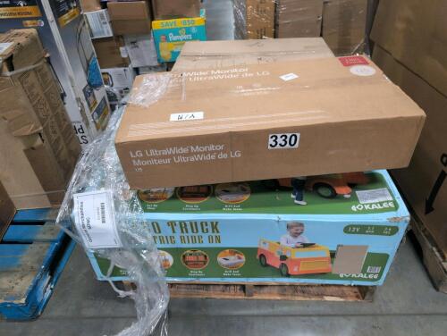 Taco Truck electric ride on, LG ultrawide monitor, member's Mark outdoor wooden mud kitchen, 27 gallon tote