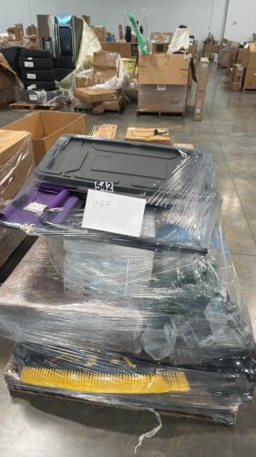 plastic bin, folding chair, dumbbell, pop-up shade, push brooms