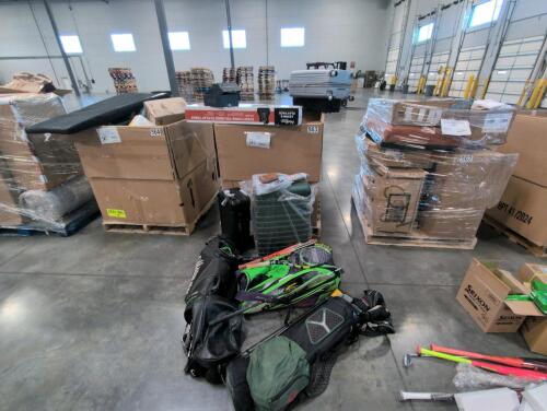 Luggage, two sets of used golf clubs, multiple used tennis rackets, guitar, bowling ball, baseball glove