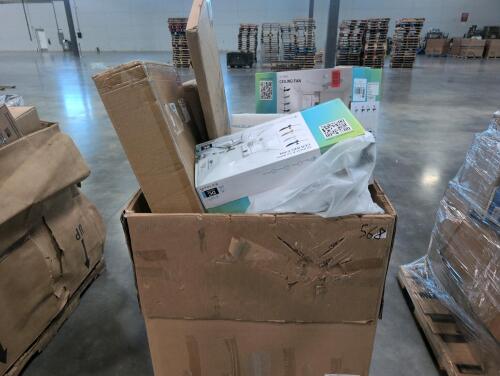 Ceiling fans, glassware, miscellaneous furniture, shelving, metal wrap, storage bin, & More