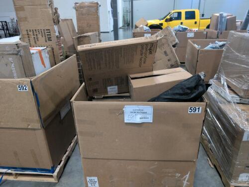 Chair, recliner slip cover, pool noodle, books,, drape rod, planter, bowl, plastic roll, take out containers, & More